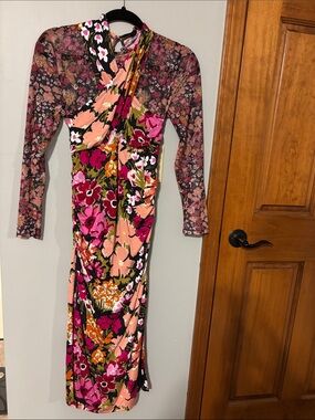 Anthropologie Pink & Black Floral Long-Sleeve Maxi Dress